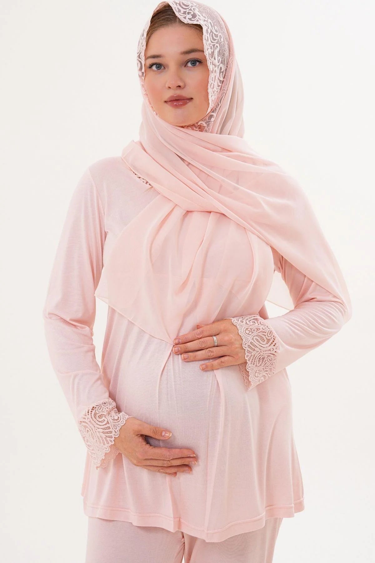 Lace Sleeve and Collar Maternity Feeding-Friendly Pajama Set (with Scarf) Powder - C5808s