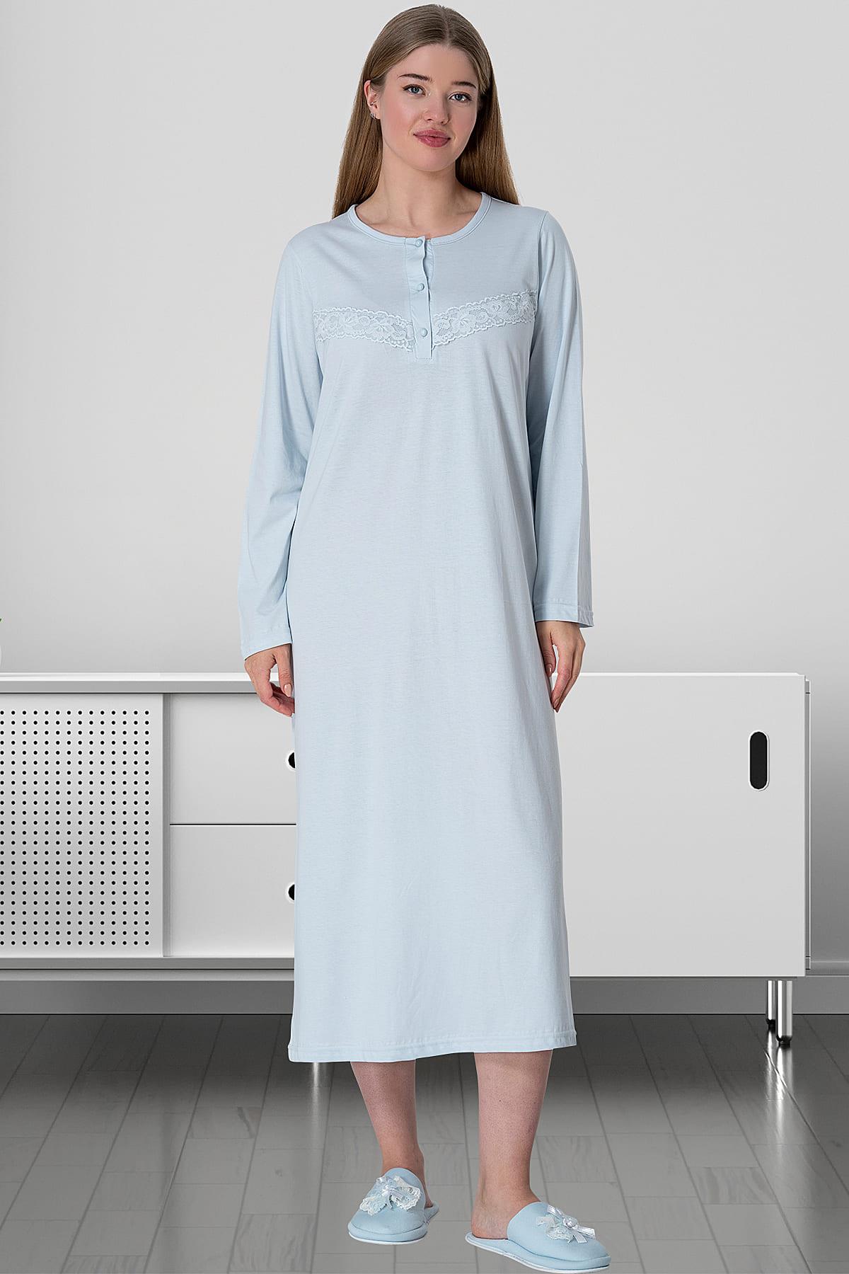 Guipure Plus Size Maternity Feeding-Friendly Nightgown Blue - C5824