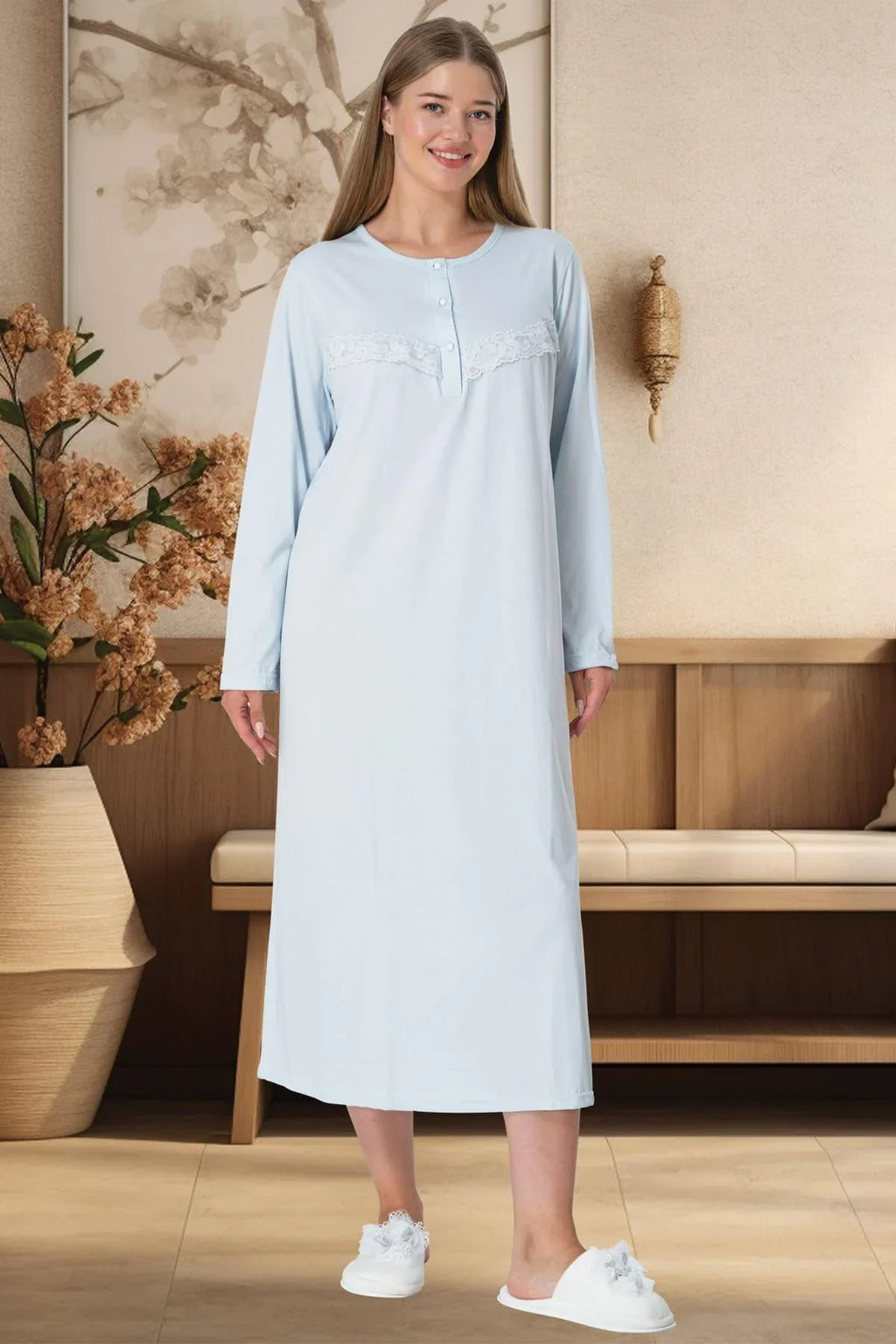 Guipure Plus Size Maternity Feeding-Friendly Nightgown Blue - C5824