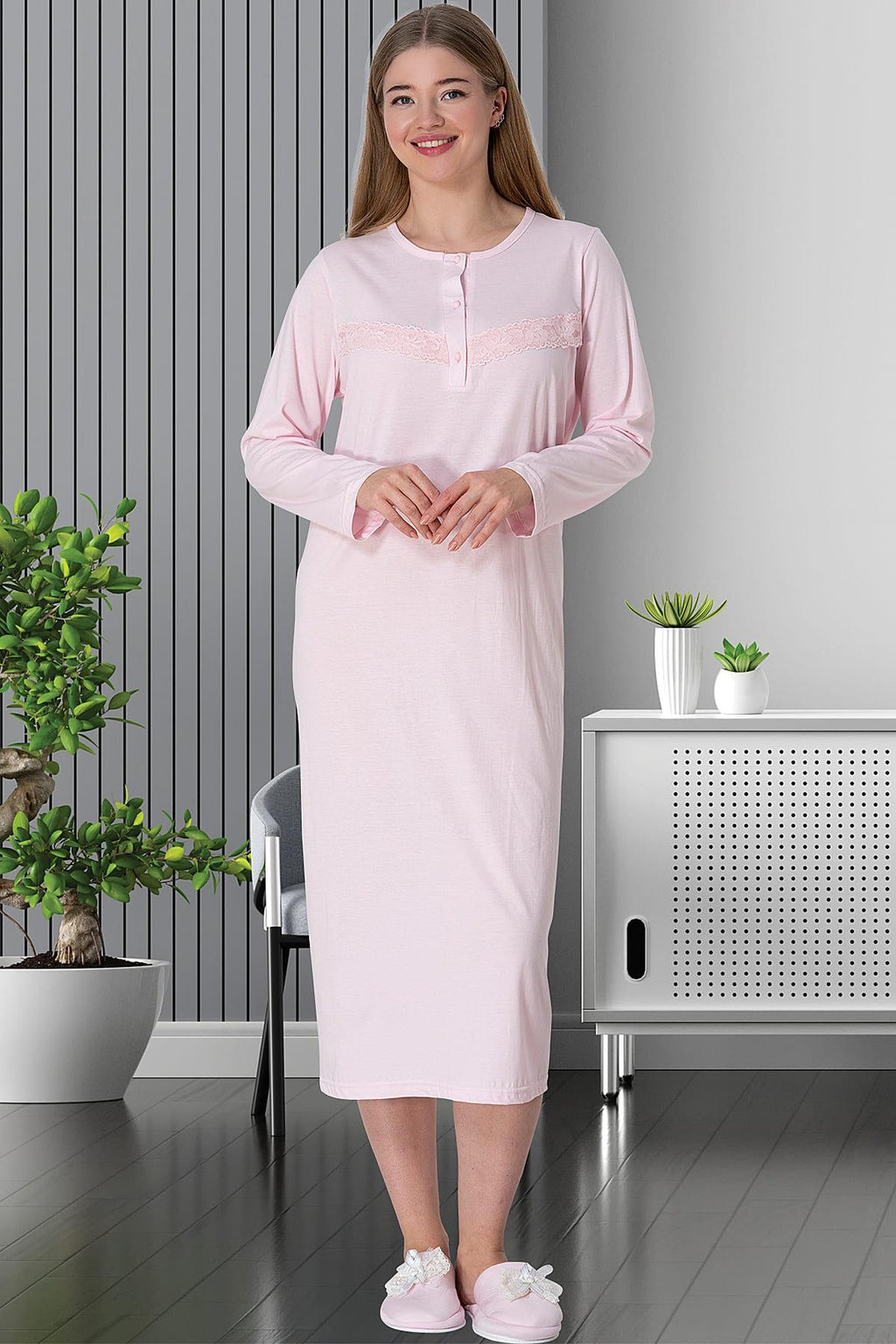 Guipure Plus Size Maternity Feeding-Friendly Nightgown Pink - C5824
