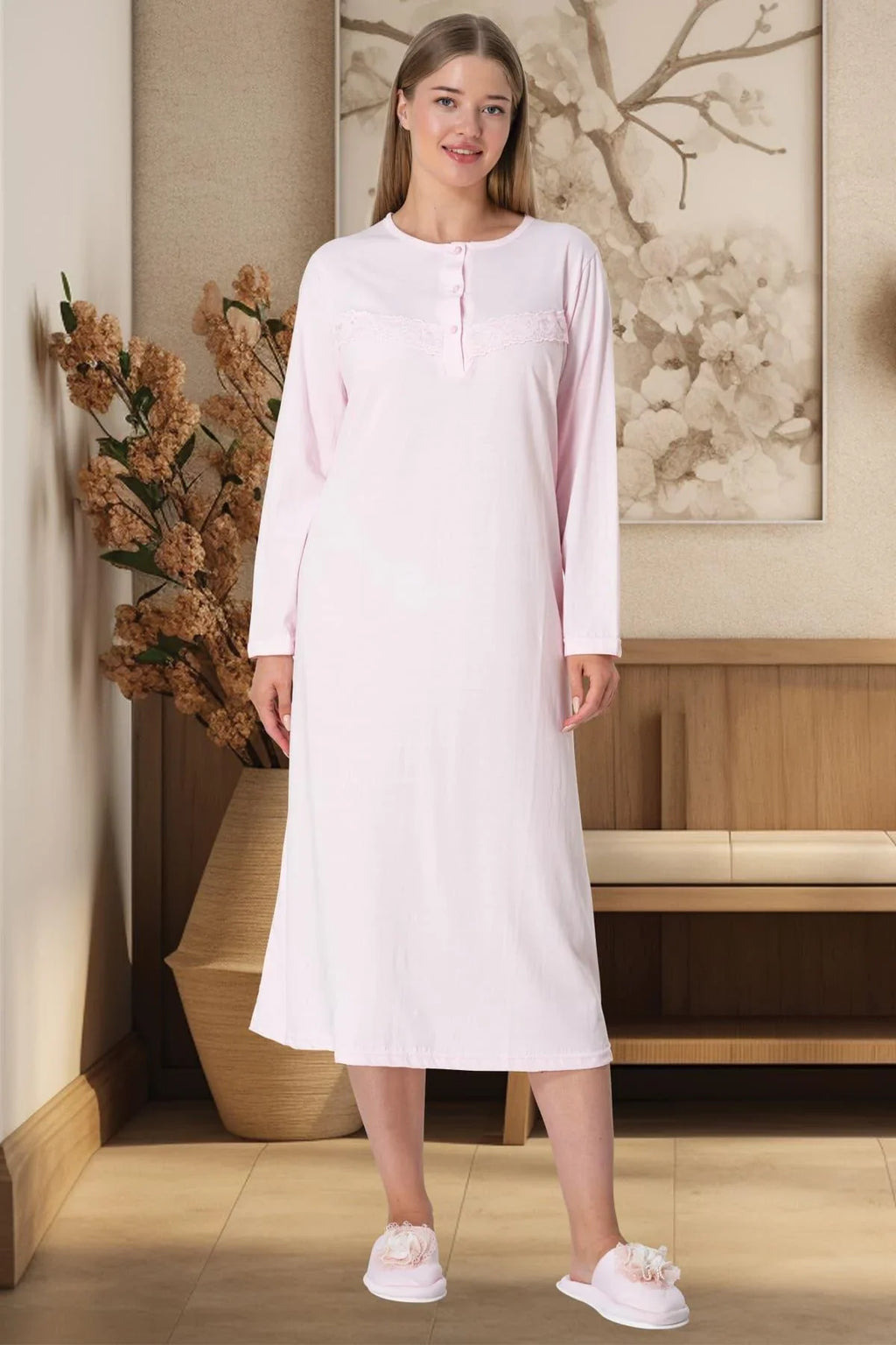 Guipure Plus Size Maternity Feeding-Friendly Nightgown Pink - C5824