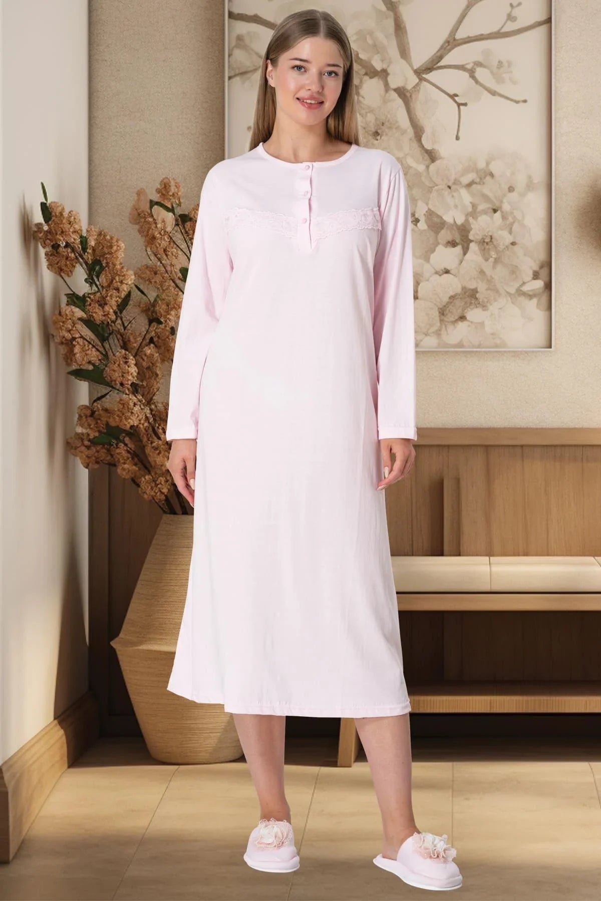 Guipure Plus Size Maternity Feeding-Friendly Nightgown Pink - C5824