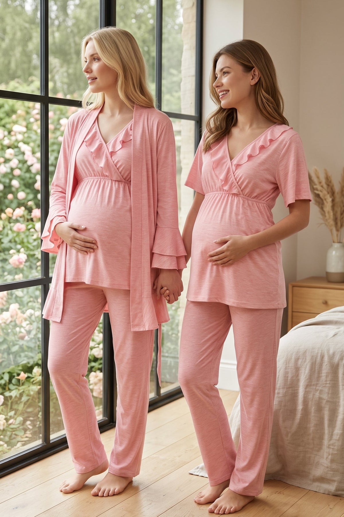 Pleated Breastfeeding Detailed 3-Piece Maternity Feeding-Friendly Pajama & Flywheel Arm Robe Set Pink - L586