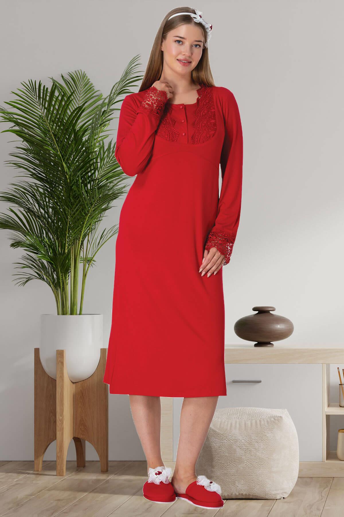 Lace Sleeve and Collar Maternity Feeding-Friendly Nightgown Red - C5916