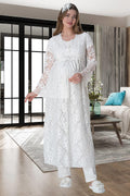 طقم بيجامة من الدانتيل مكون من 3 قطع مناسب للرضاعة مع رداء دانتيل طويل الساق إكرو - 6000