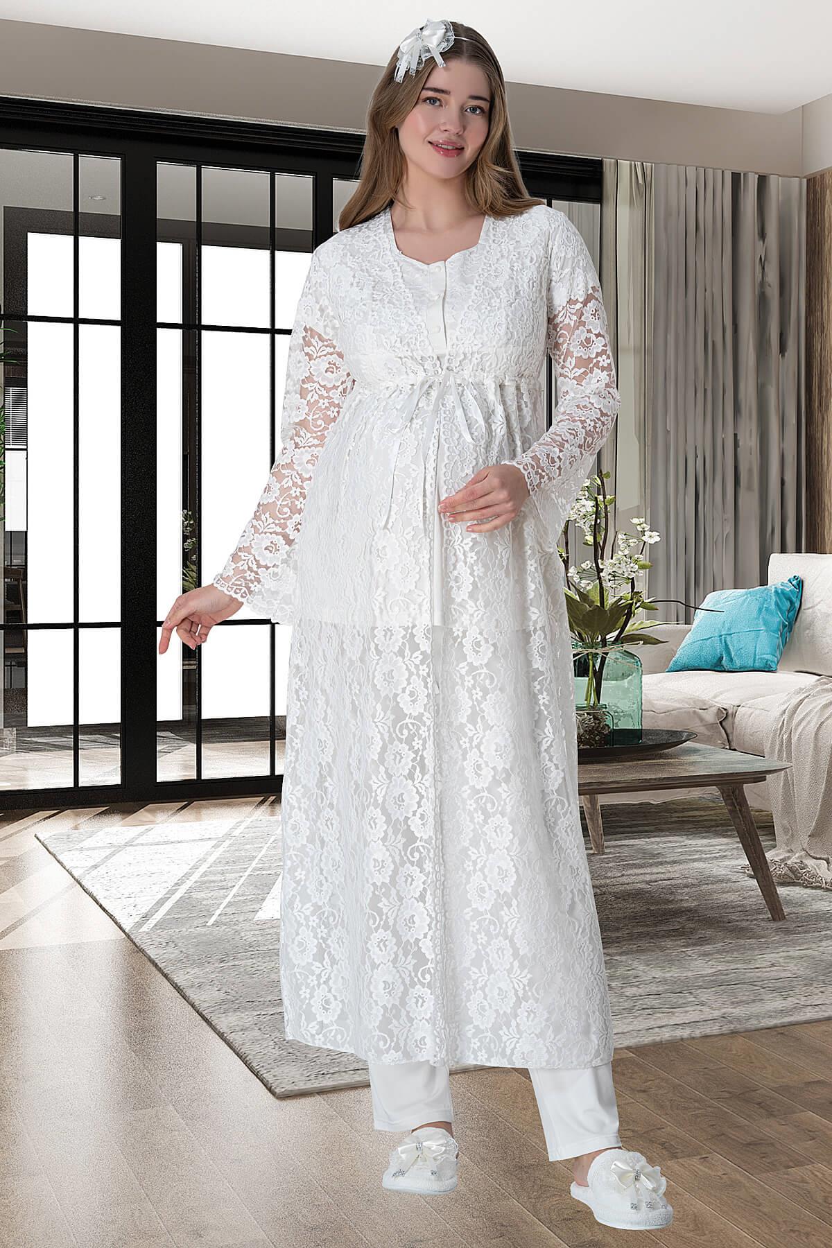 Lace 3-Piece Maternity Feeding-Friendly Pajama & Long Lez Lacy Robe Set Ecru - C6000