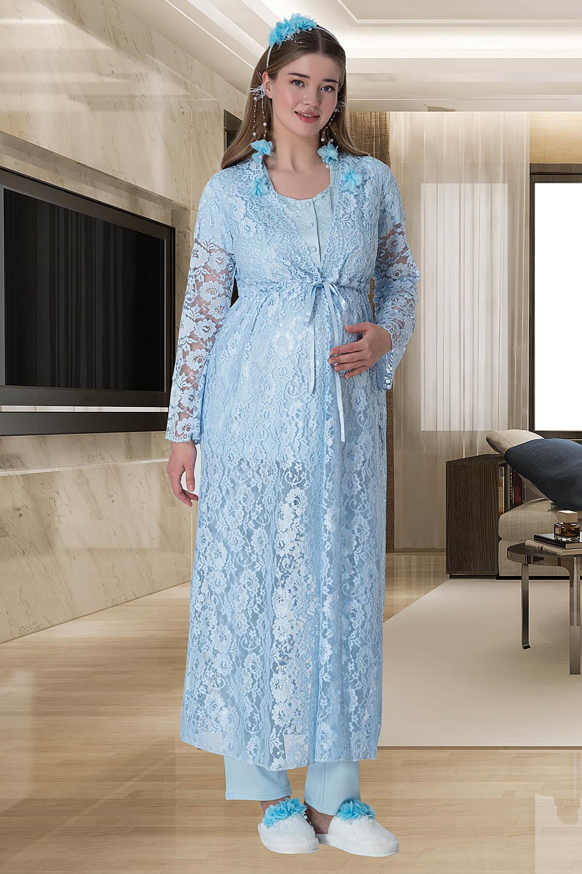 Lace 3-Piece Maternity Feeding-Friendly Pajama & Long Lez Lacy Robe Set Blue - C6000