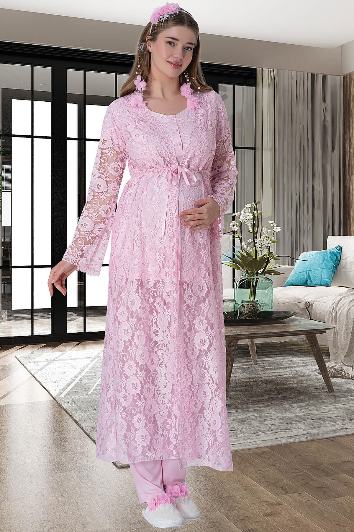 Lace Long Lez Lacy 4-Piece Maternity Feeding-Friendly Set Pink - C6060