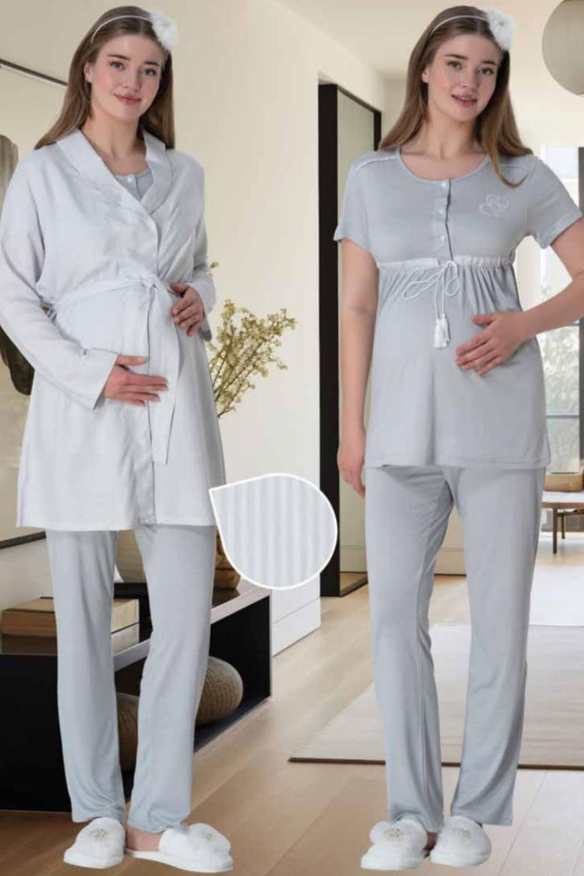 Bow 3-Piece Maternity Feeding-Friendly Pajama & Striped Robe Set Grey - C6001