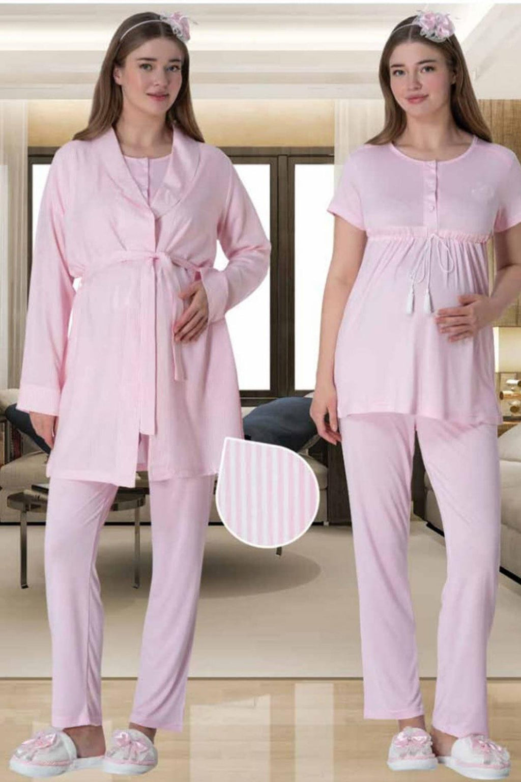 Bow 3-Piece Maternity Feeding-Friendly Pajama & Striped Robe Set Pink - C6001