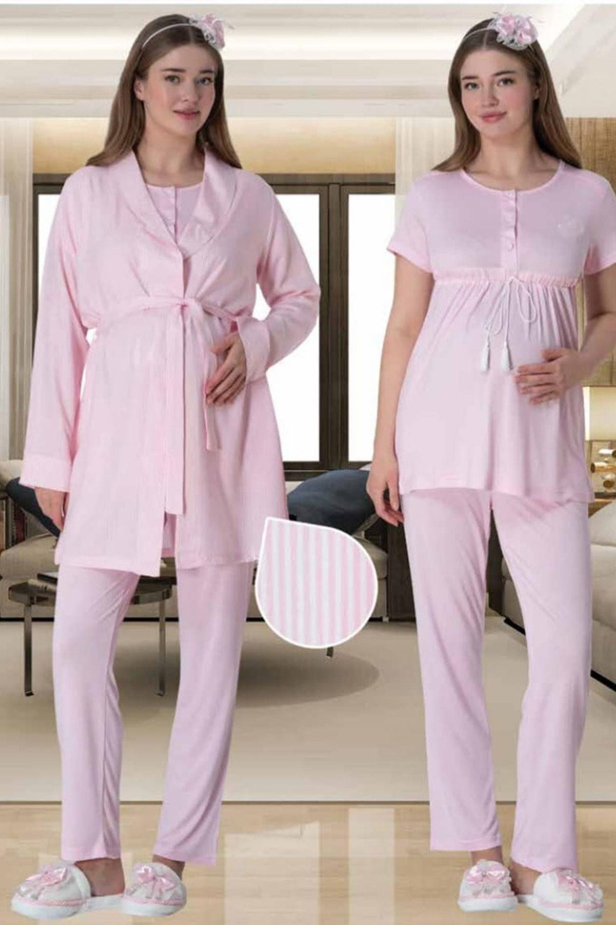 Bow 3-Piece Maternity Feeding-Friendly Pajama & Striped Robe Set Pink - C6001