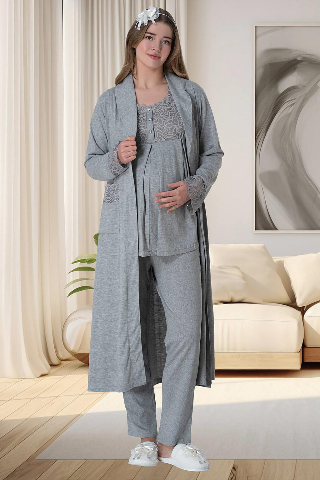 Lace Shoulder 4-Piece Maternity Feeding-Friendly Set Grey - C6066