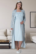 Lace Shoulder Maternity Feeding-Friendly Nightgown & Stripe Robe Set Blue - C6006