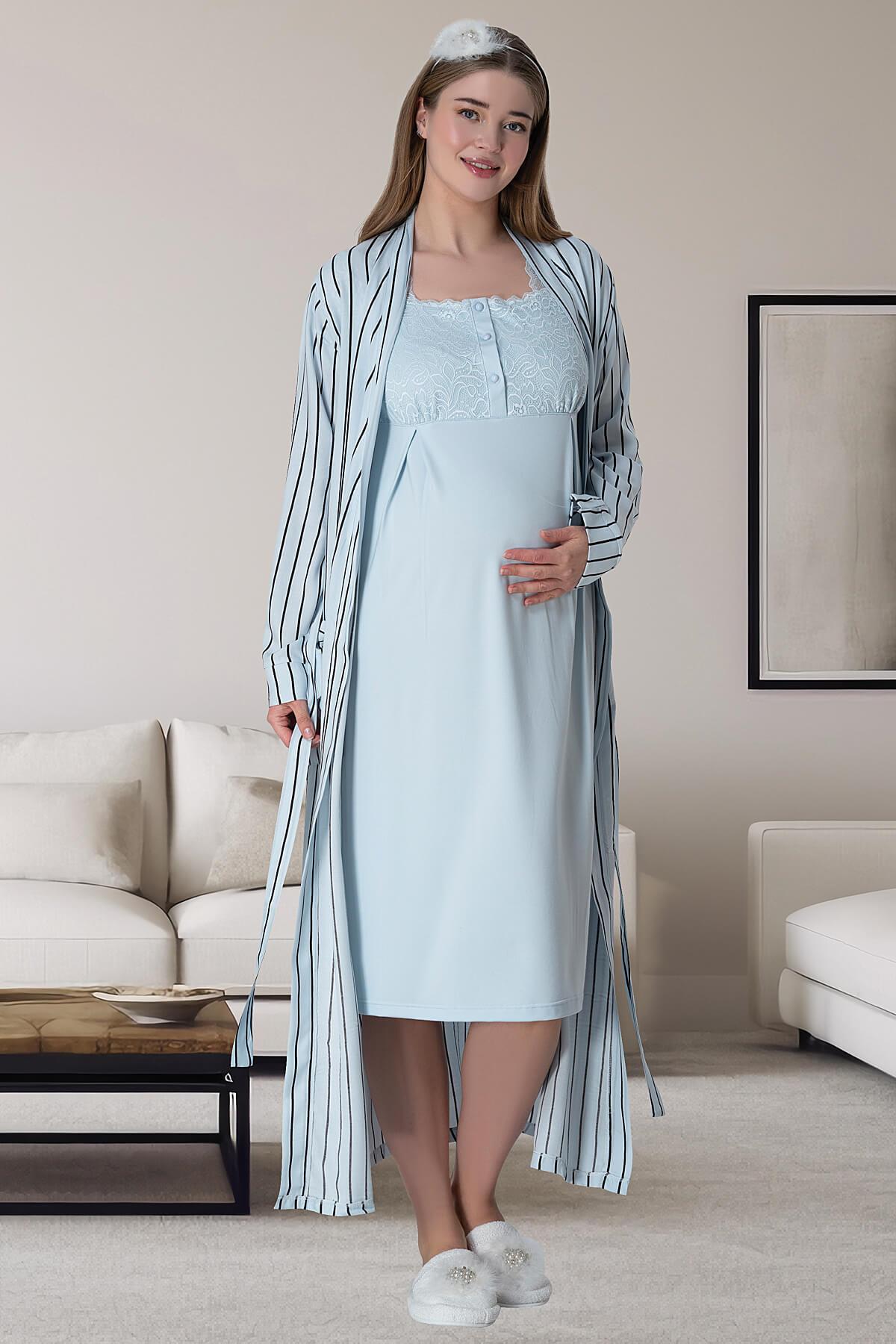 Lace Shoulder Maternity Feeding-Friendly Nightgown & Stripe Robe Set Blue - C6006