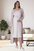 Lace Shoulder Maternity Feeding-Friendly Nightgown & Stripe Robe Set Pink - C6006