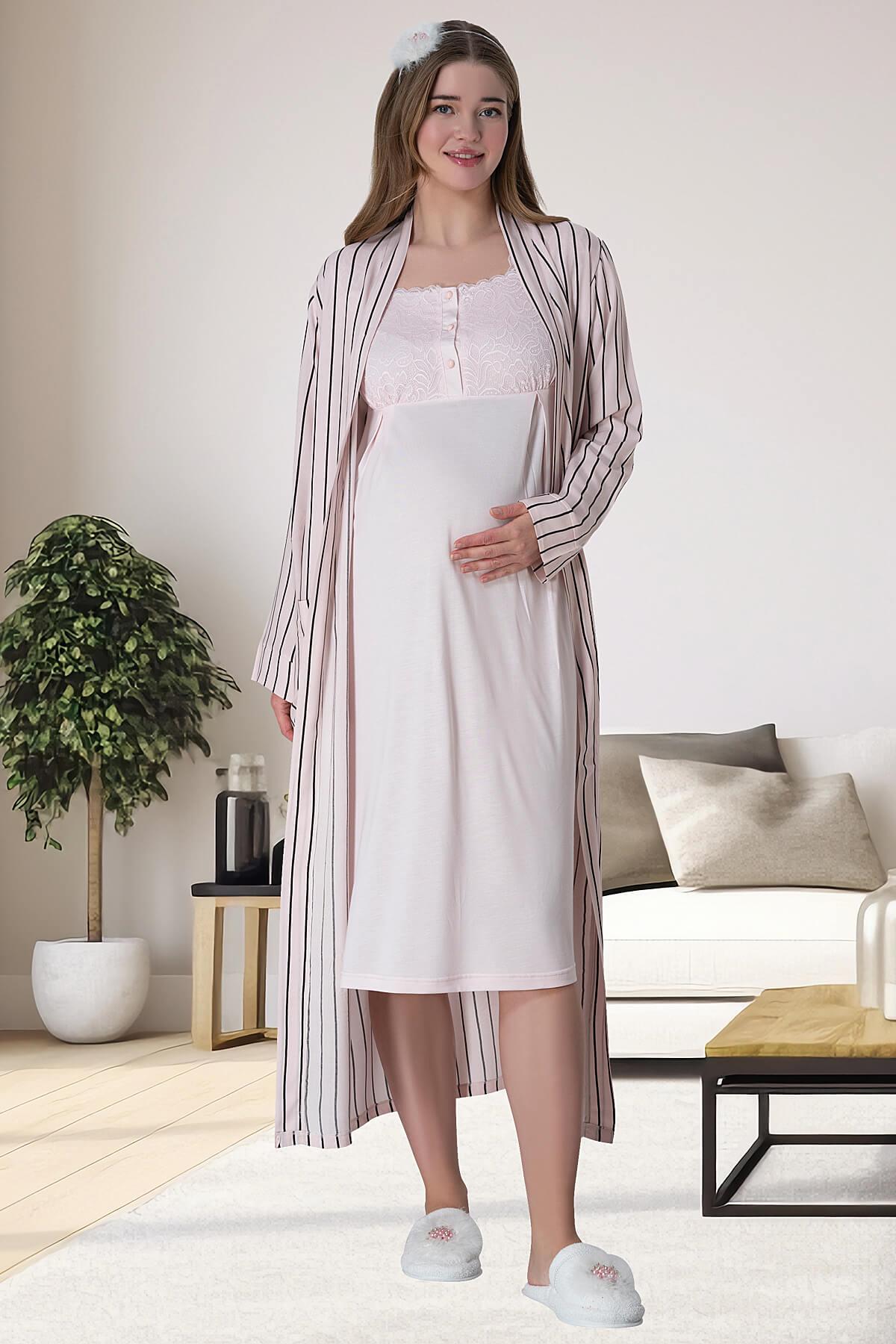 Lace Shoulder Maternity Feeding-Friendly Nightgown & Stripe Robe Set Pink - C6006