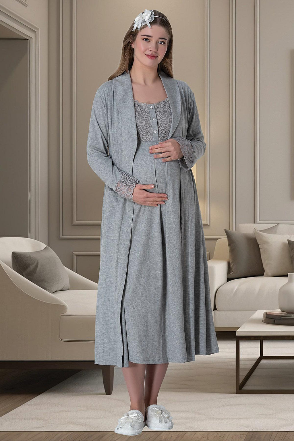 Lace Shoulder Maternity Feeding-Friendly Nightgown & Robe Set Grey - C6007