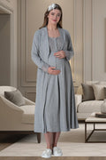 Lace Shoulder Maternity Feeding-Friendly Nightgown & Robe Set Grey - C6007