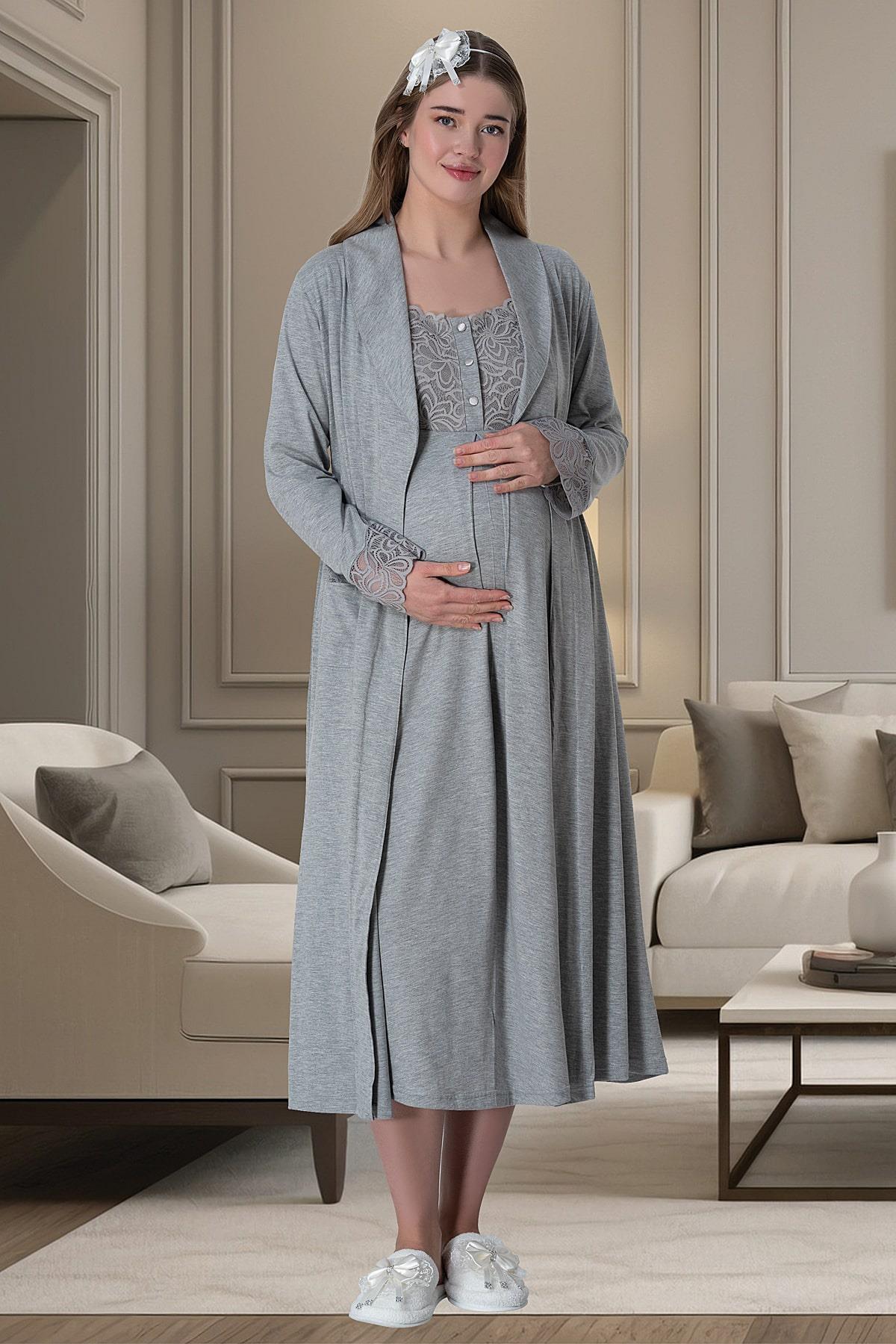 Lace Shoulder Maternity Feeding-Friendly Nightgown & Robe Set Grey - C6007