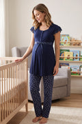 Lace Sleeve Patterned Maternity Feeding-Friendly Pajama Set Navy Blue - T6012