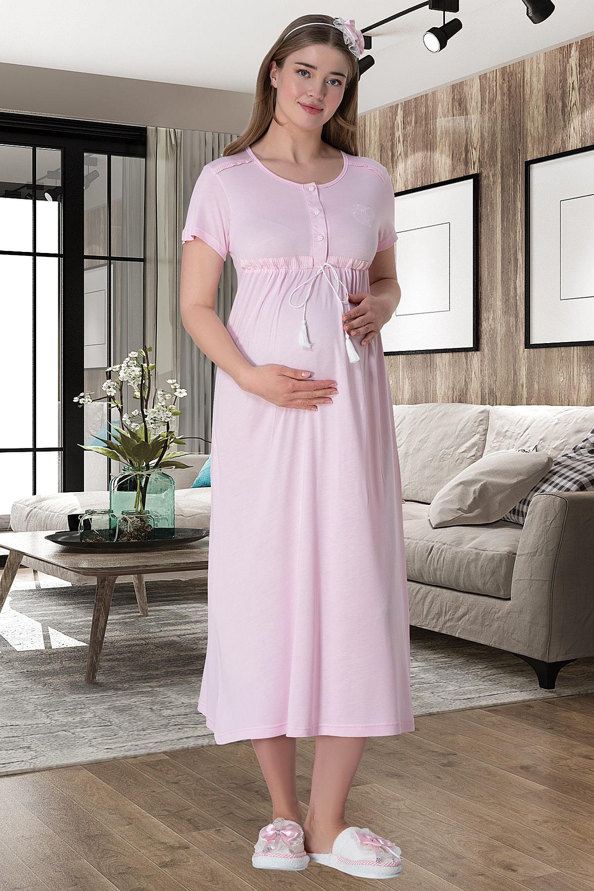 Bow Maternity Feeding-Friendly Nightgown Pink - C6012