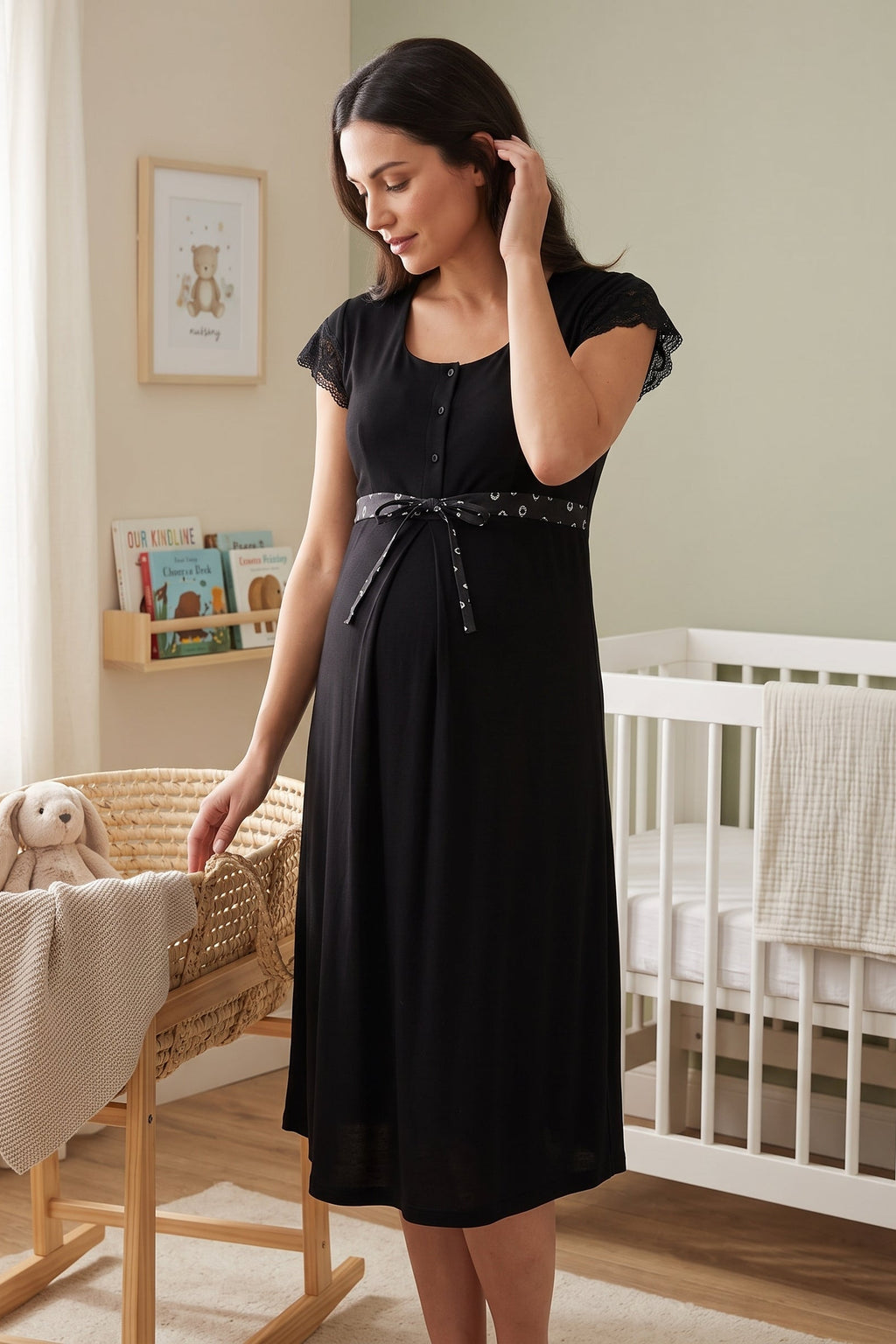 Lace Sleeve Patterned Maternity Feeding-Friendly Nightgown Black - T6013