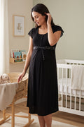 Lace Sleeve Patterned Maternity Feeding-Friendly Nightgown Black - T6013