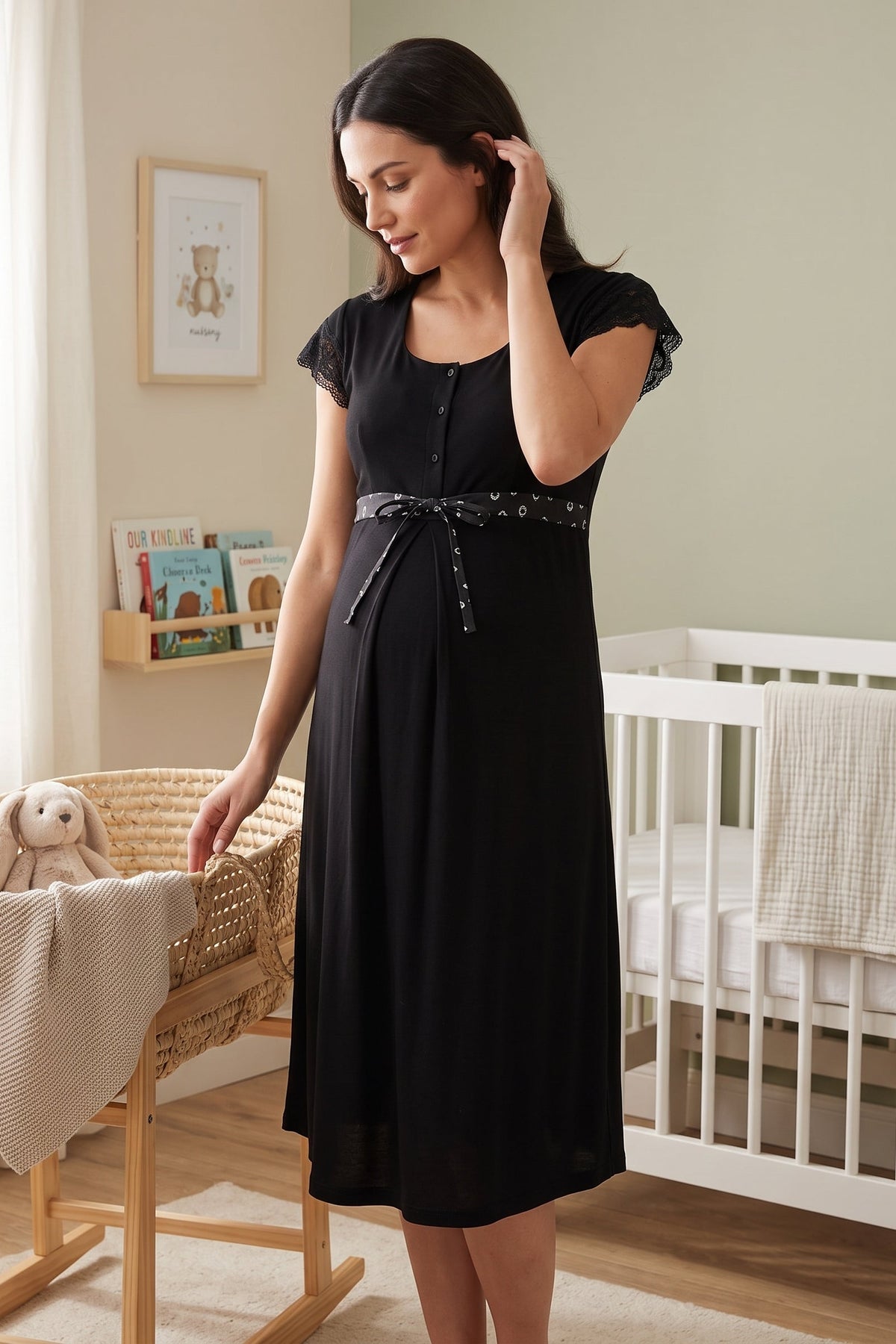 Lace Sleeve Patterned Maternity Feeding-Friendly Nightgown Black - T6013
