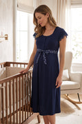 Lace Sleeve Patterned Maternity Feeding-Friendly Nightgown Navy Blue - T6013