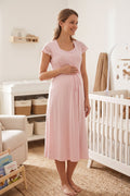 Lace Sleeve Patterned Maternity Feeding-Friendly Nightgown Pink - T6013
