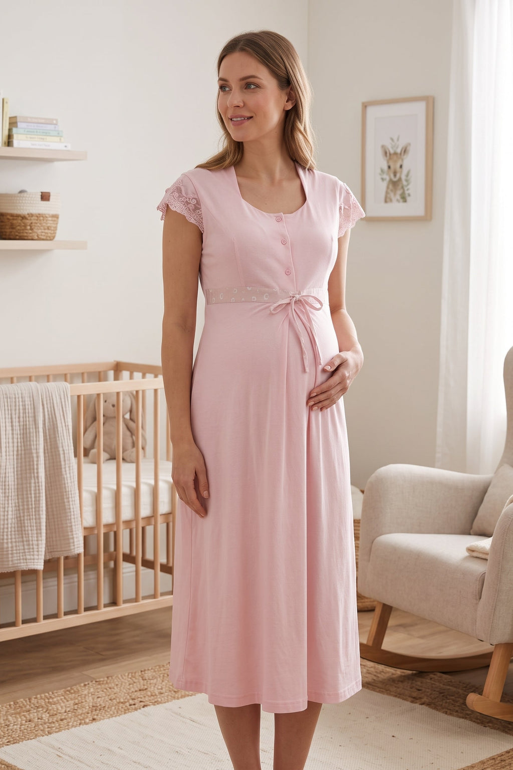 Lace Sleeve Patterned Maternity Feeding-Friendly Nightgown Pink - T6013