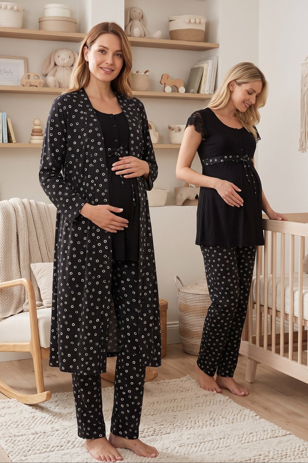 Lace Sleeve Patterned 3-Piece Maternity Feeding-Friendly Pajama & Robe Set Black - T6014