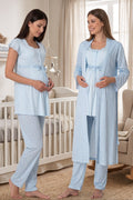 Lace Sleeve Patterned 3-Piece Maternity Feeding-Friendly Pajama & Robe Set Blue - T6014