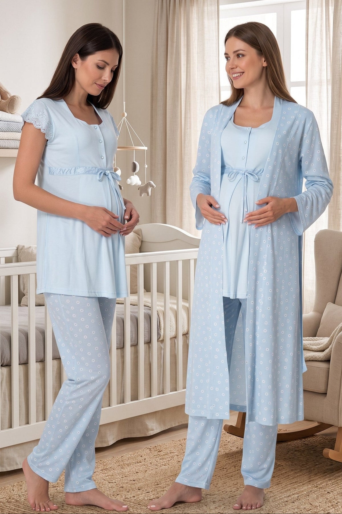 Lace Sleeve Patterned 3-Piece Maternity Feeding-Friendly Pajama & Robe Set Blue - T6014