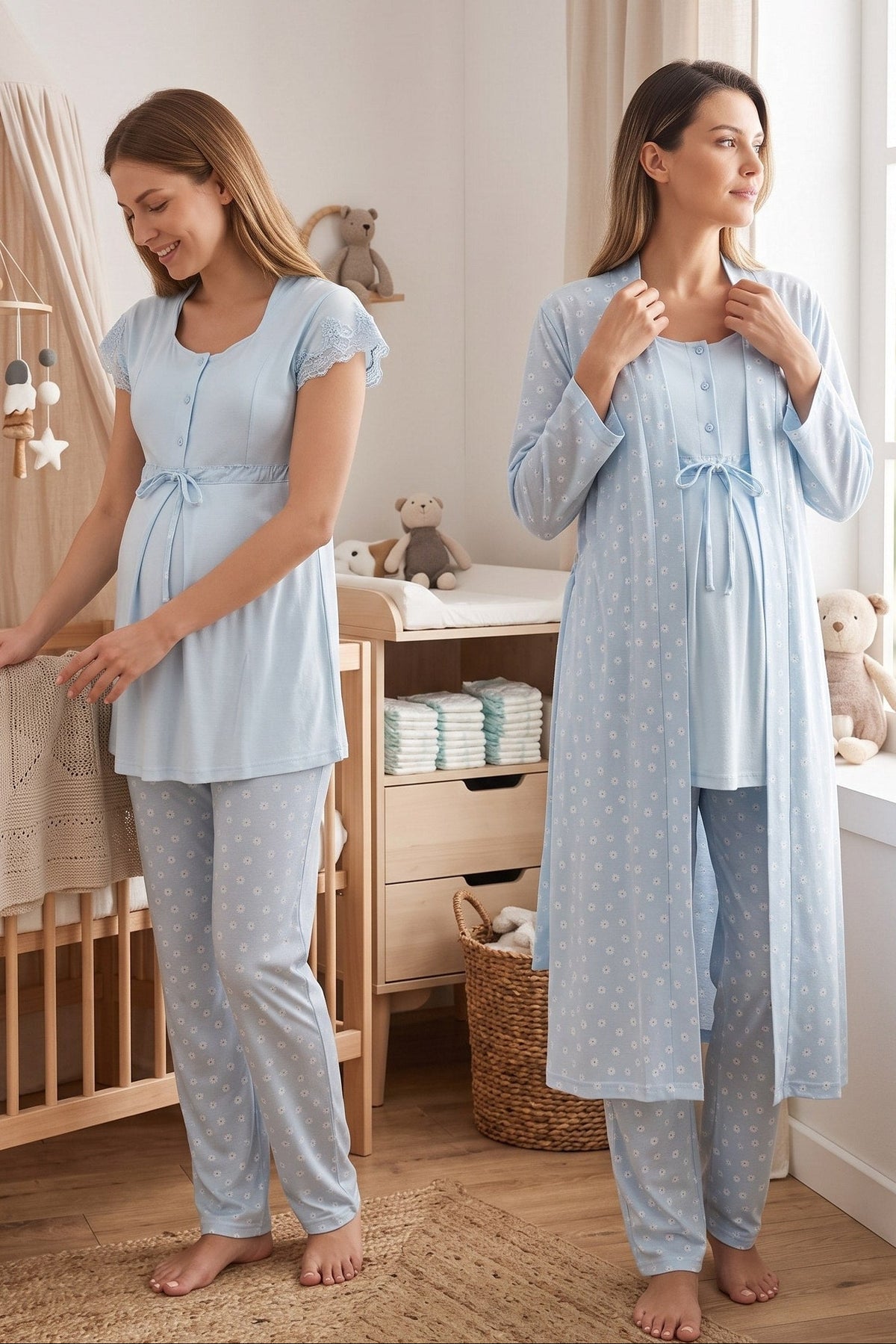 Lace Sleeve Patterned 3-Piece Maternity Feeding-Friendly Pajama & Robe Set Blue - T6014