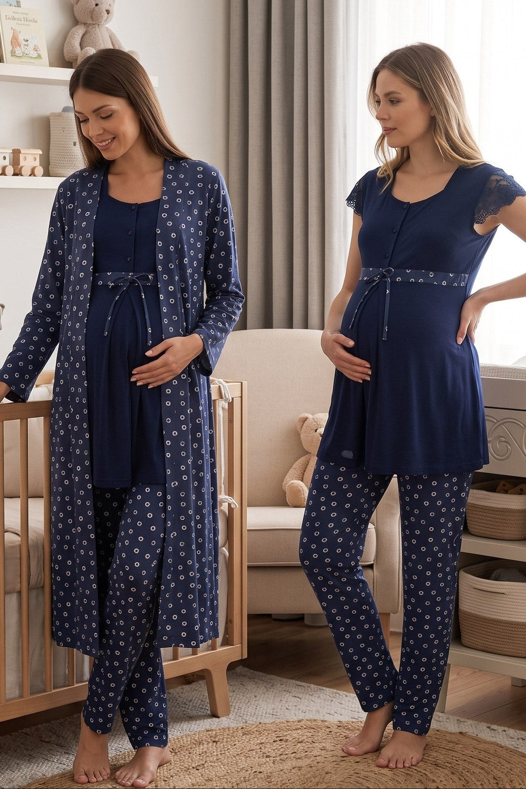 Lace Sleeve Patterned 3-Piece Maternity Feeding-Friendly Pajama & Robe Set Navy Blue - T6014