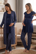 Lace Sleeve Patterned 3-Piece Maternity Feeding-Friendly Pajama & Robe Set Navy Blue - T6014
