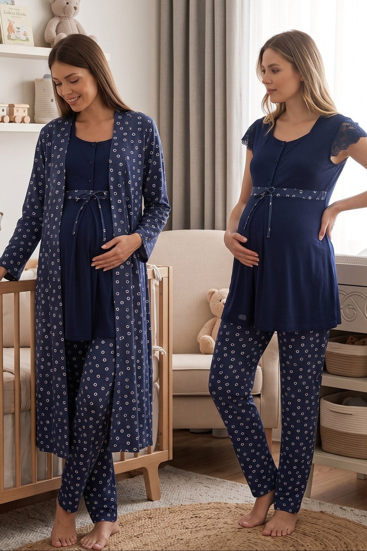 Lace Sleeve Patterned 3-Piece Maternity Feeding-Friendly Pajama & Robe Set Navy Blue - T6014