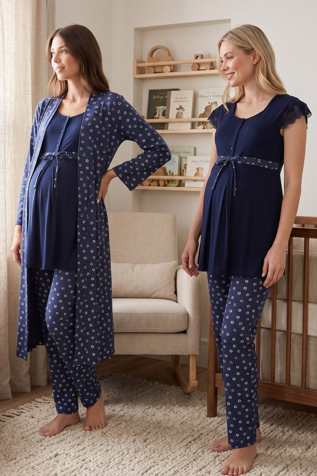 Lace Sleeve Patterned 3-Piece Maternity Feeding-Friendly Pajama & Robe Set Navy Blue - T6014