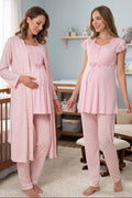 Lace Sleeve Patterned 3-Piece Maternity Feeding-Friendly Pajama & Robe Set Pink - T6014