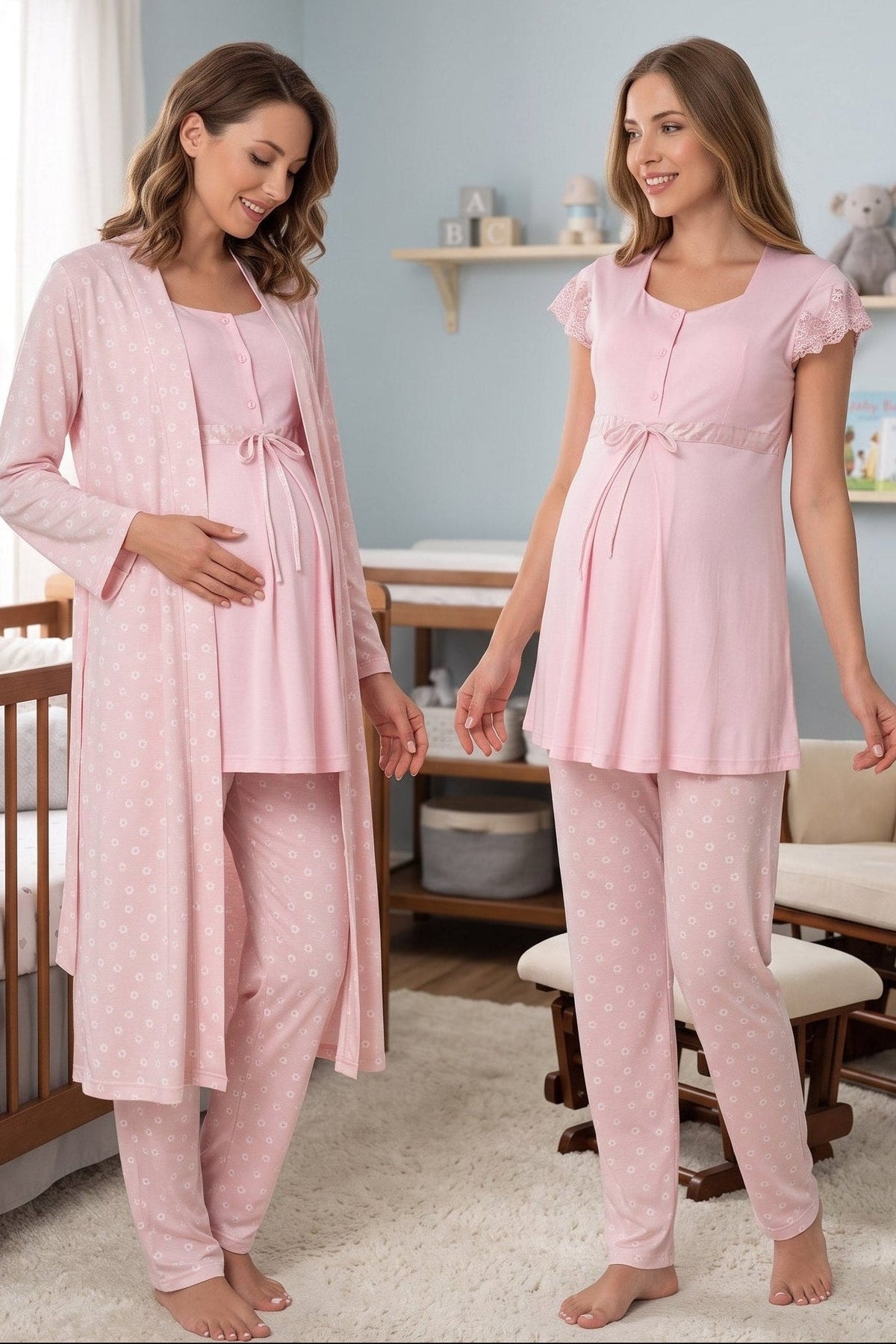 Lace Sleeve Patterned 3-Piece Maternity Feeding-Friendly Pajama & Robe Set Pink - T6014