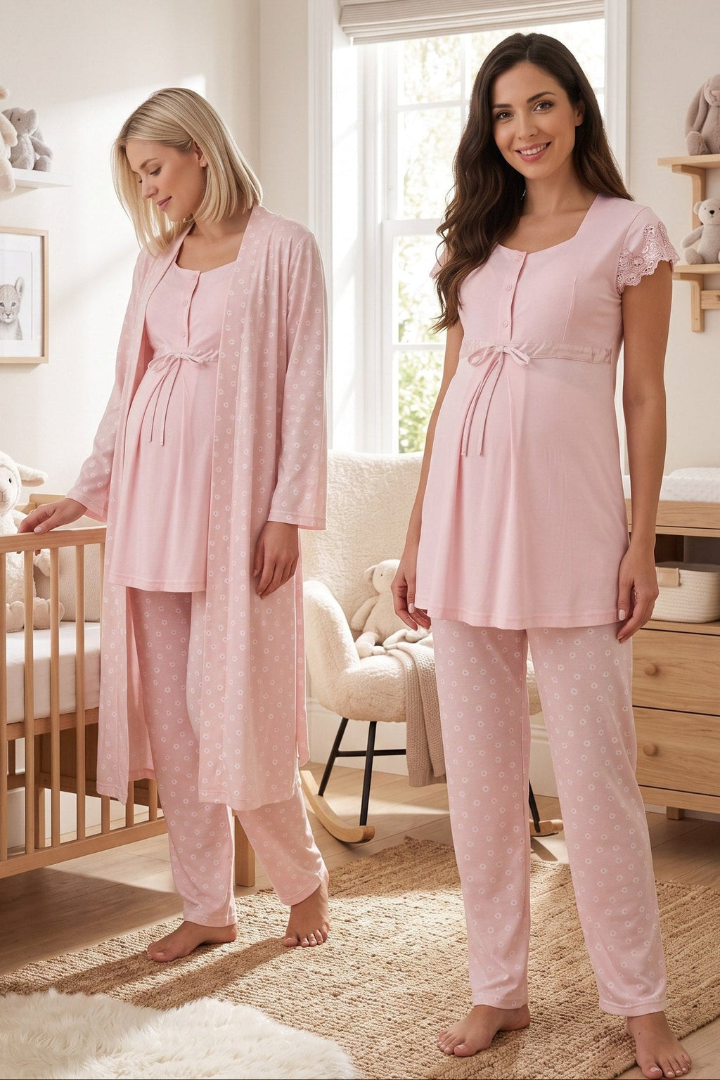 Lace Sleeve Patterned 3-Piece Maternity Feeding-Friendly Pajama & Robe Set Pink - T6014