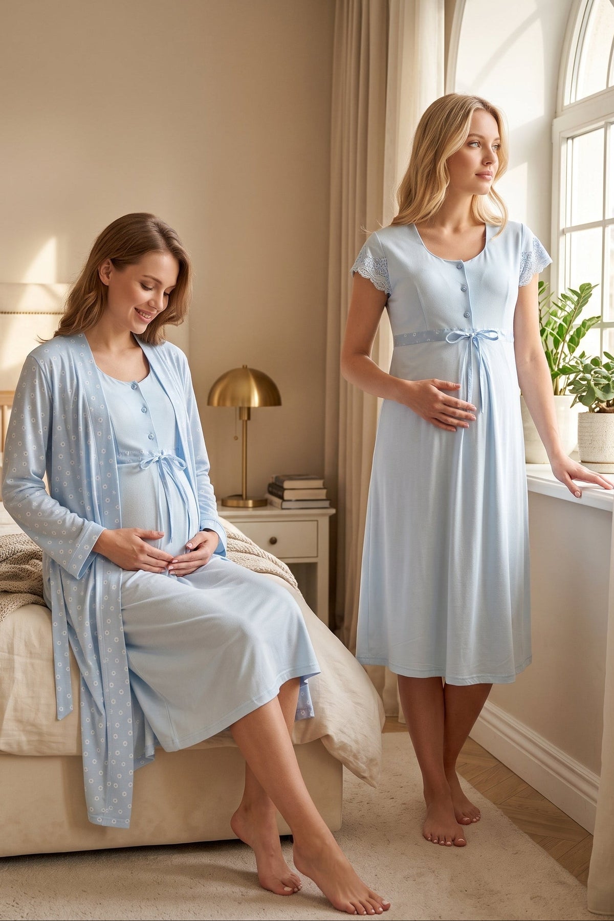 Lace Sleeve Patterned Maternity Feeding-Friendly Nightgown & Robe Set Blue - T6015