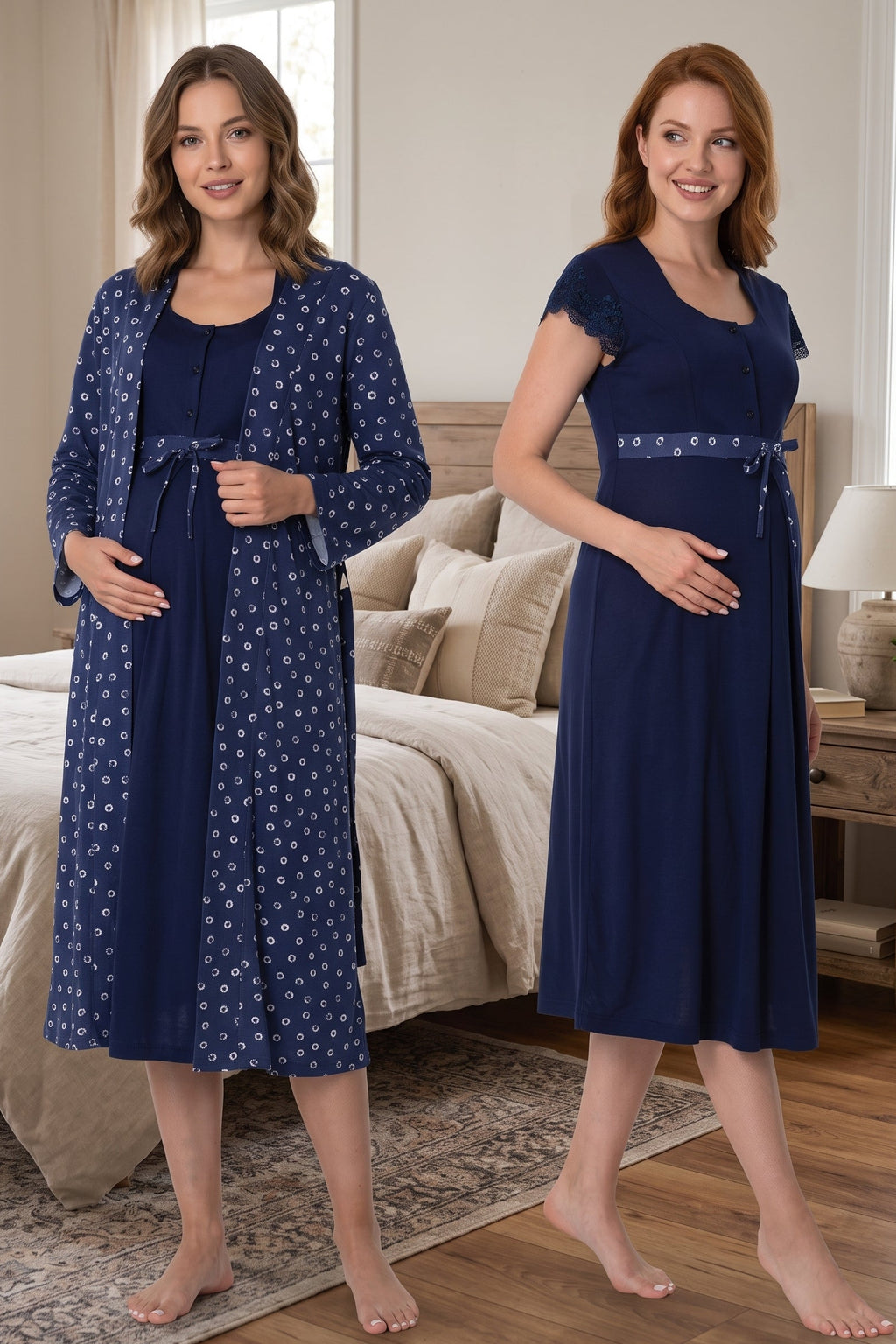 Lace Sleeve Patterned Maternity Feeding-Friendly Nightgown & Robe Set Navy Blue - T6015