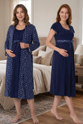 Lace Sleeve Patterned Maternity Feeding-Friendly Nightgown & Robe Set Navy Blue - T6015