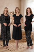 Lace Sleeve Patterned 4-Piece Maternity Feeding-Friendly Set Black - T6016