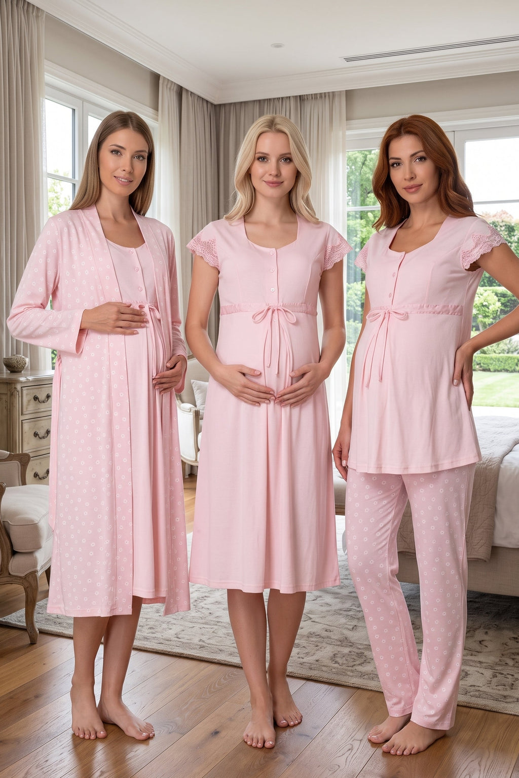 Lace Sleeve Patterned 4-Piece Maternity Feeding-Friendly Set Pink - T6016