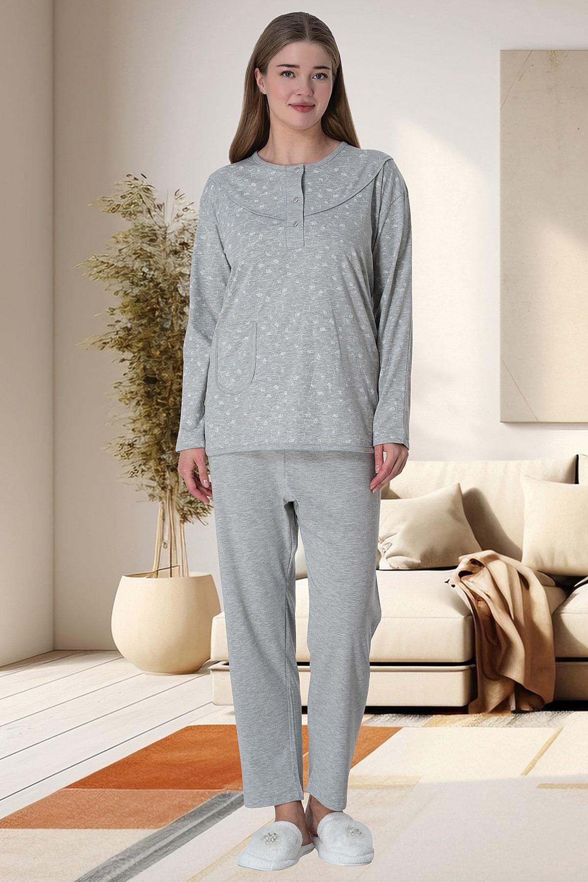 Flowery Plus Size Maternity Feeding-Friendly Pajama Set Grey - C6021