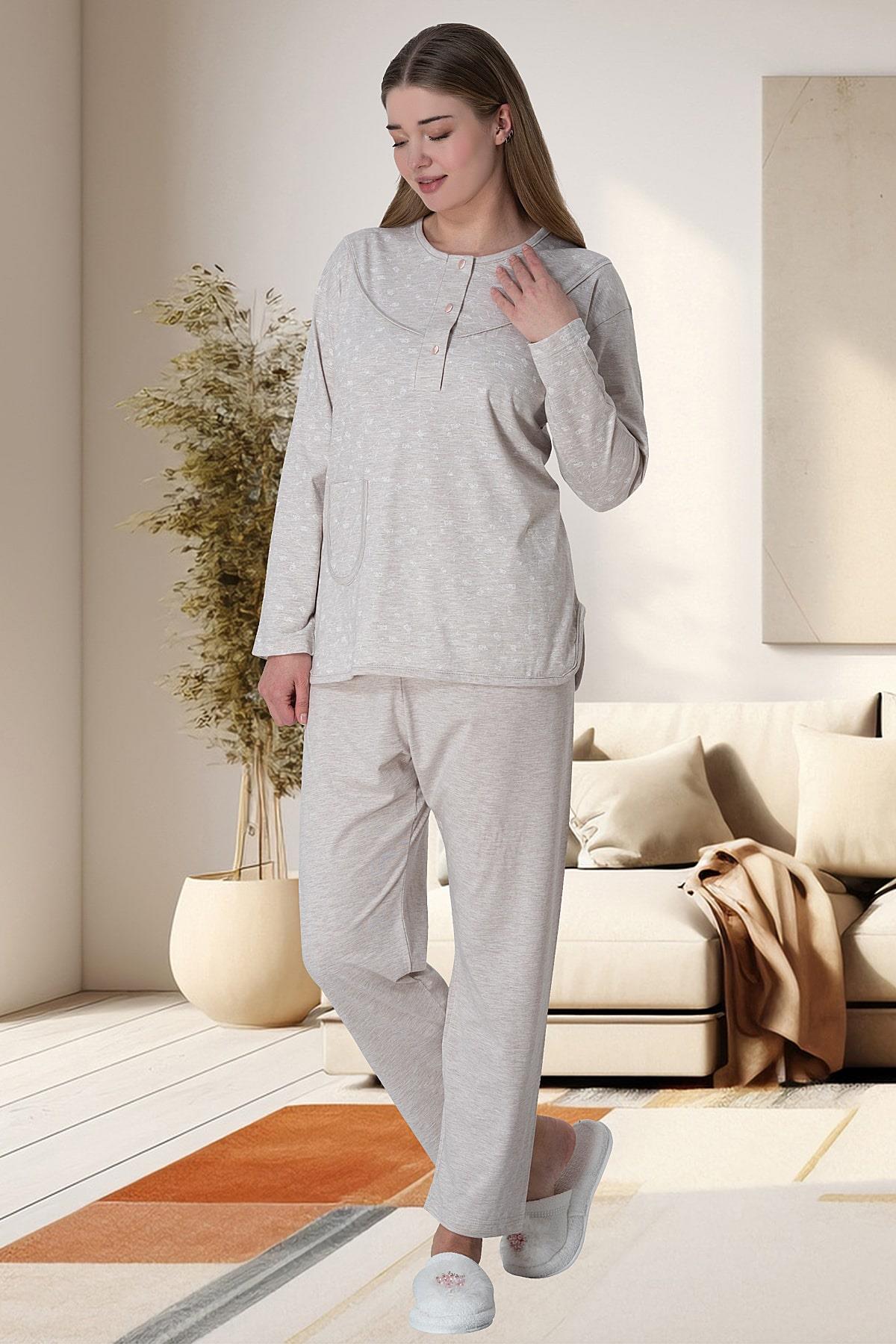 Flowery Plus Size Maternity Feeding-Friendly Pajama Set Coffee - C6021