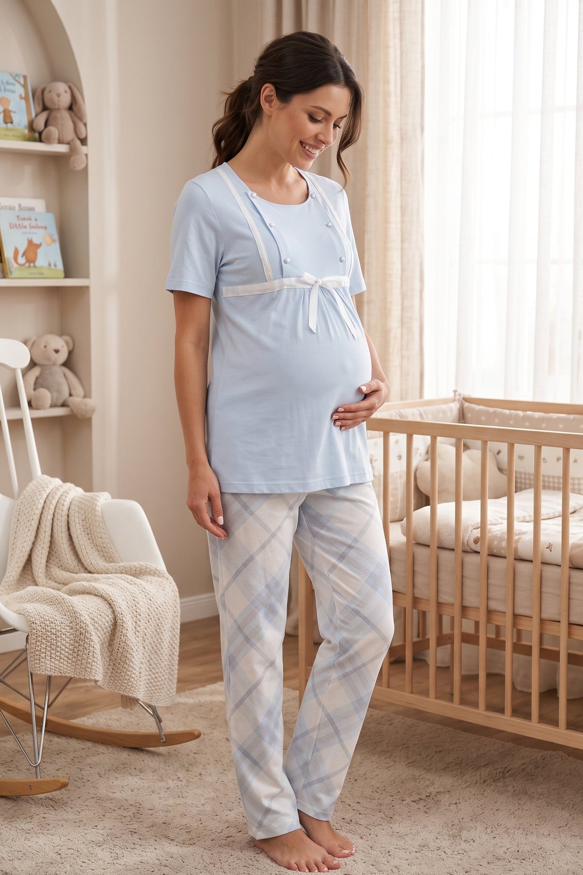 Plaid Check Print Maternity Feeding-Friendly Pajama Set Blue - T6022